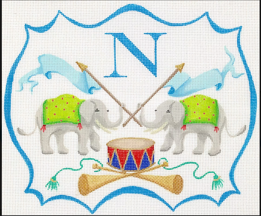 Monogram Crest – Elephants w/ Flags, Drum, Trumpets (specify letter or blank)