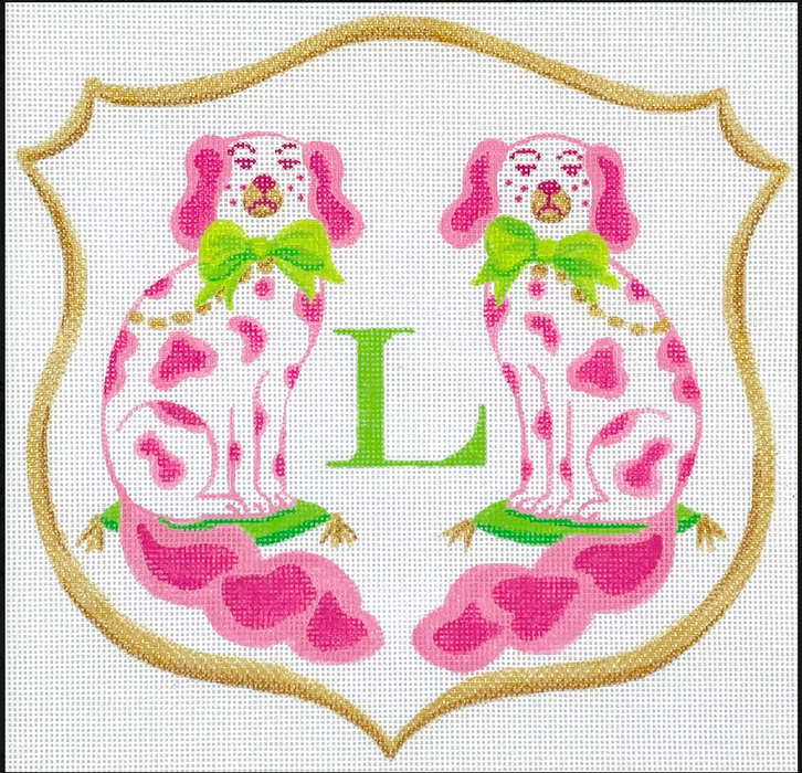 Monogram Crest – Staffordshire Long-tail Dogs w/ Bows – pinks, greens & gold (specify letter or blank)