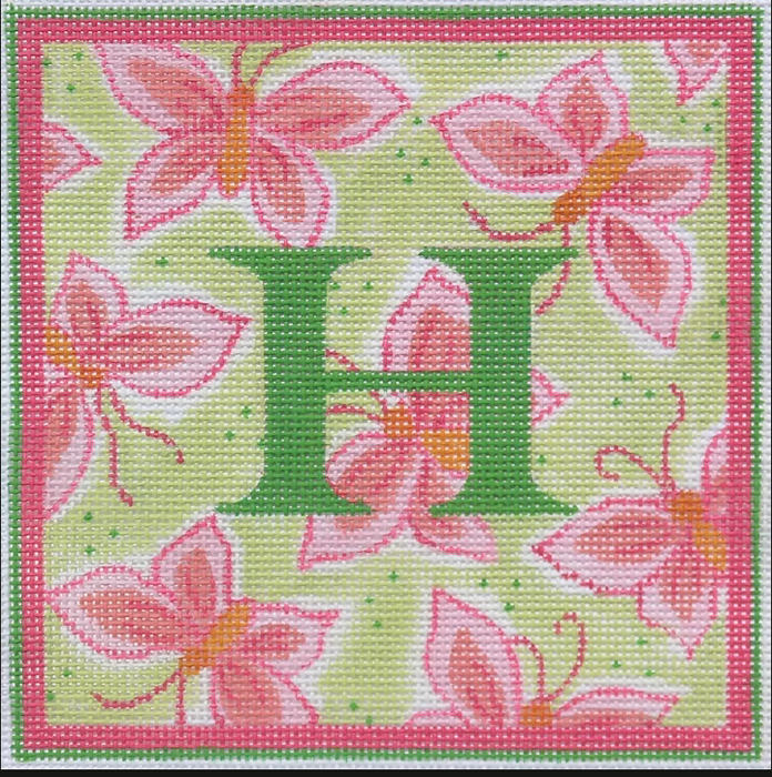 Lilly Letter – Butterflies – green & pinks w/ tangerine (specify letter or blank)