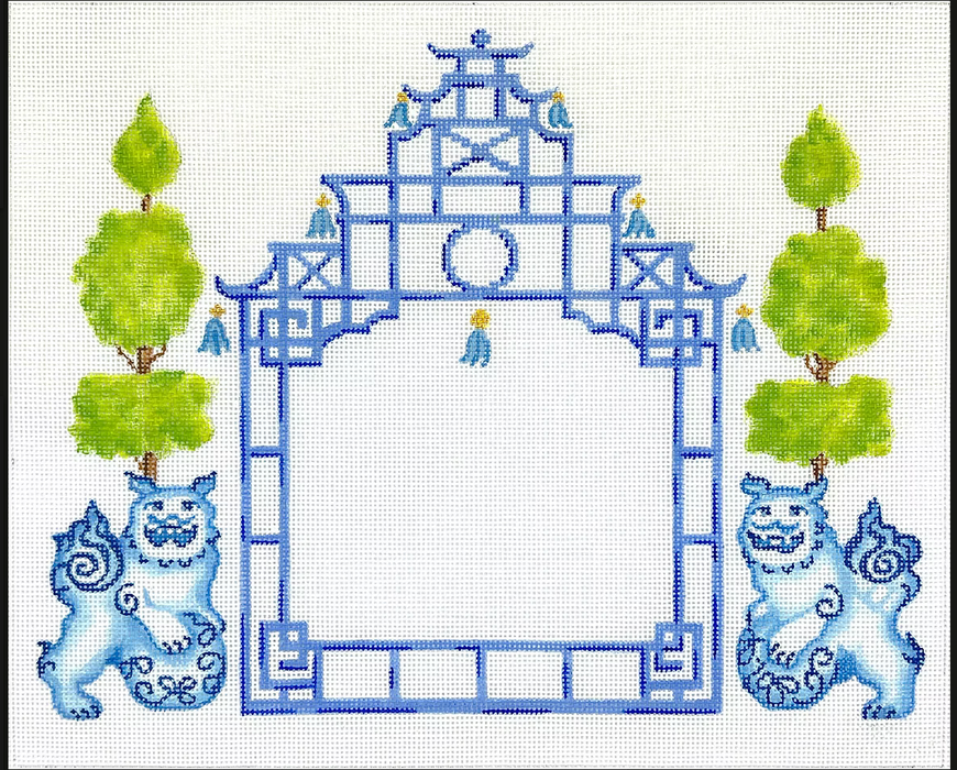 Chinoiserie Letter – Pagoda w/ Foo Dogs & Topiaries – lues w/ greens (specify letter or blank)