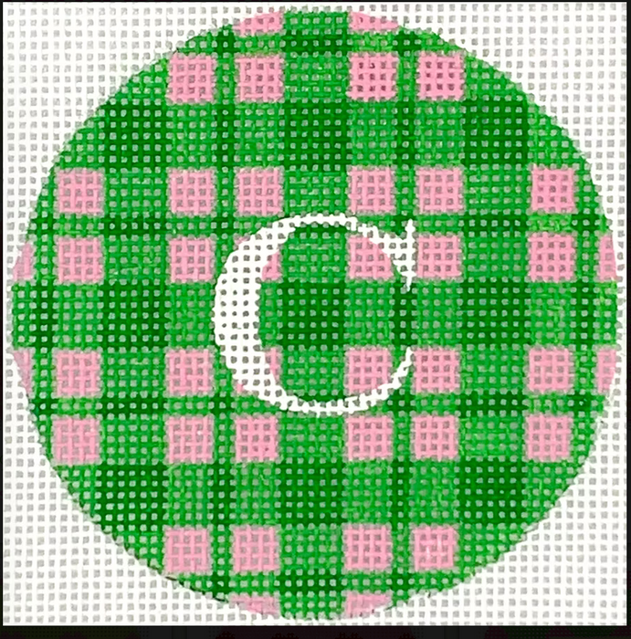 Bright Disk Letter – Madras Plaid – kelly greens & bright pink w/ white letter