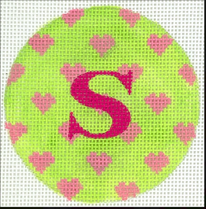 Bright Disk Letter – Allover Pink Hearts on Light Lime with Bright Pink Letter