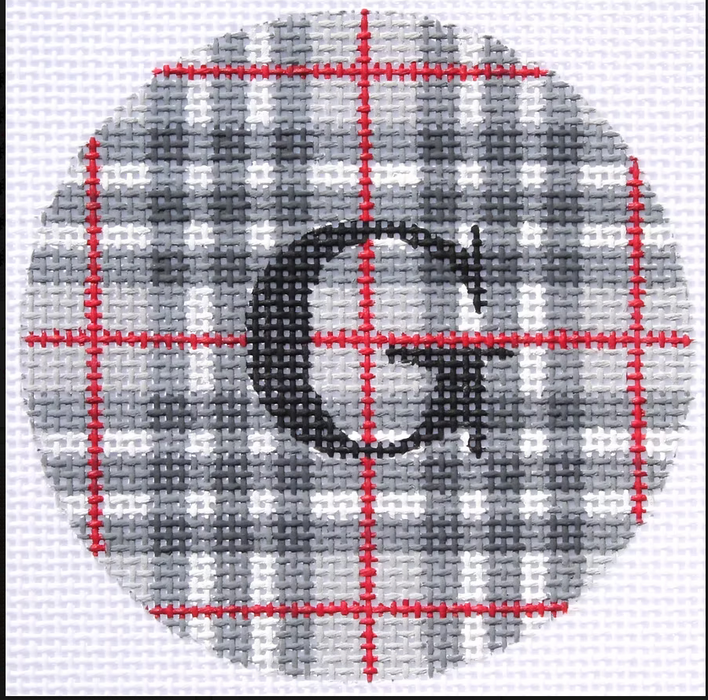 Bright Disk Letter – Gentleman’s Plaid – grays, white & red w/ Black Letter