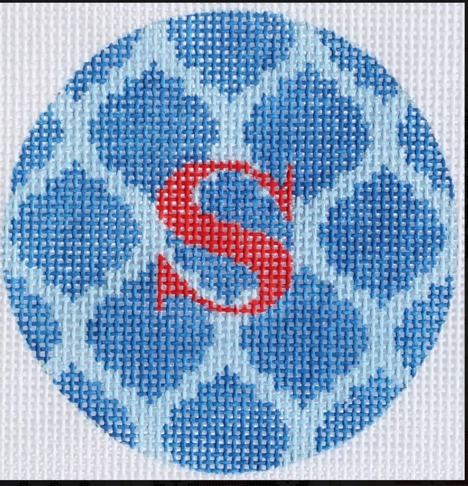 Bright Disk Letter – Royal & Sky Blue Quatrefoil Damask, Red Letter