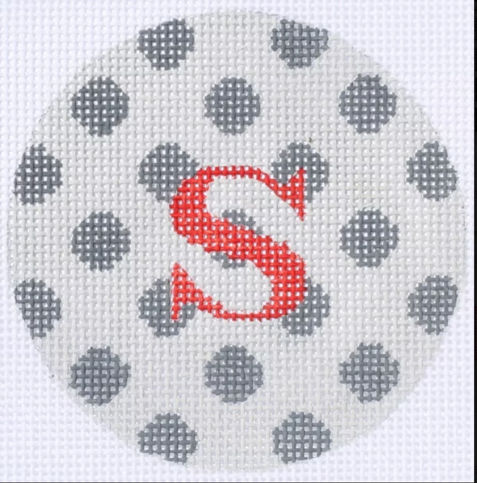 Bright Disk Letter – Grey on Grey Polka Dots, Red Letter