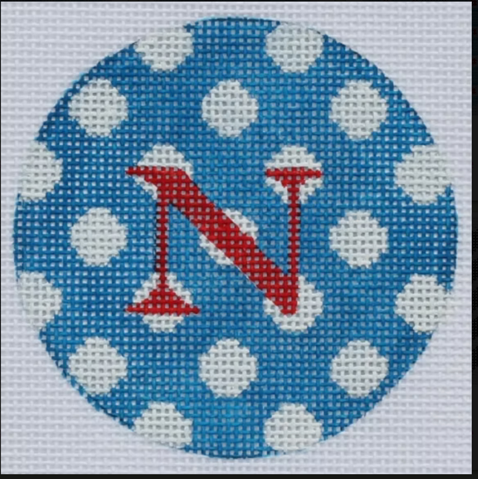 Bright Disk Letter – Marine Blue w/ White Polka Dots, Red Letter