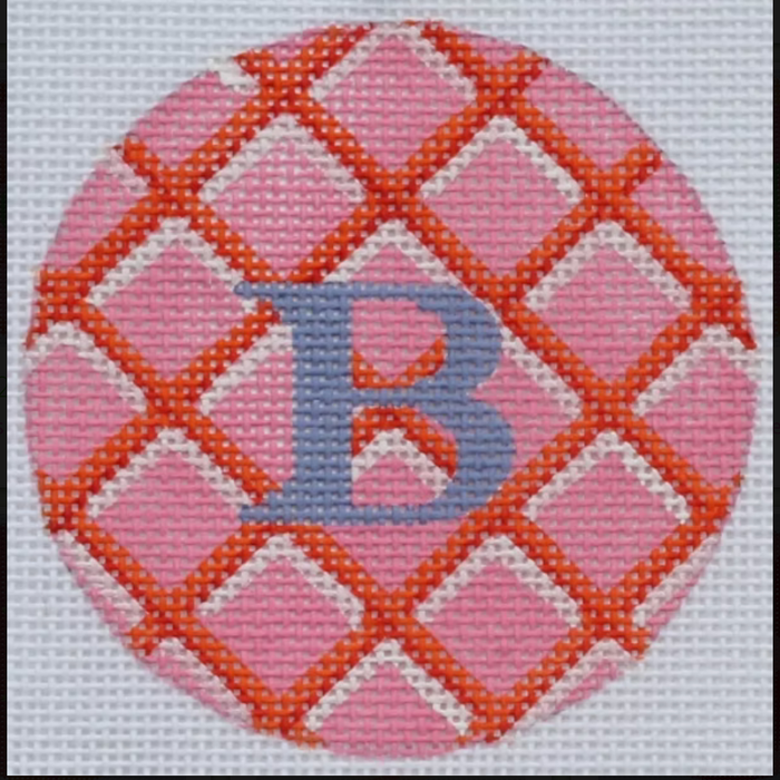 Bright Disk Letter – Pink w/ Orange, Red & White Criss Cross, Periwinkle Letter