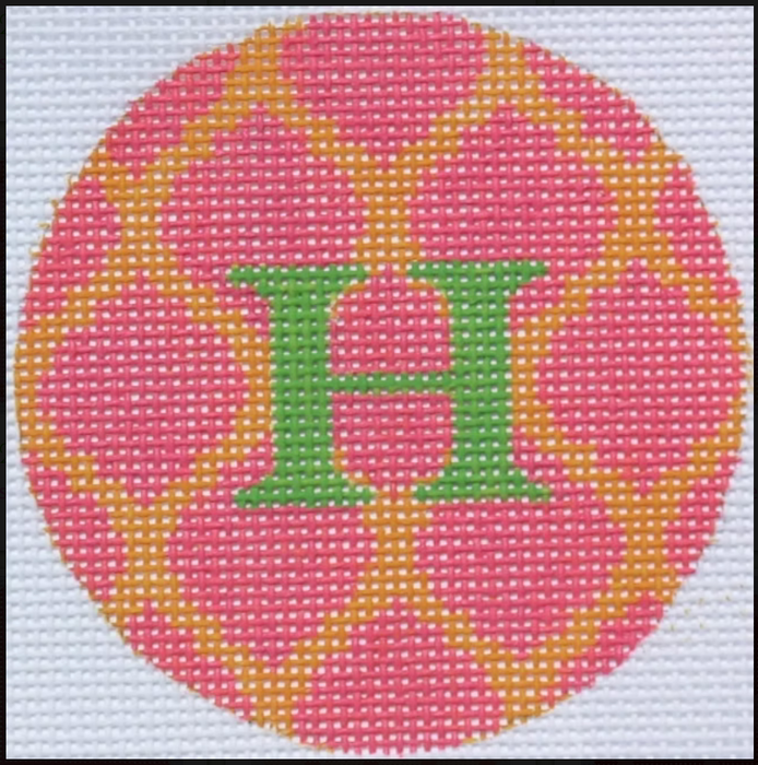 Bright Disk Letter – Watermelon & Tangerine Quatrefoil Damask, Grass Green Letter