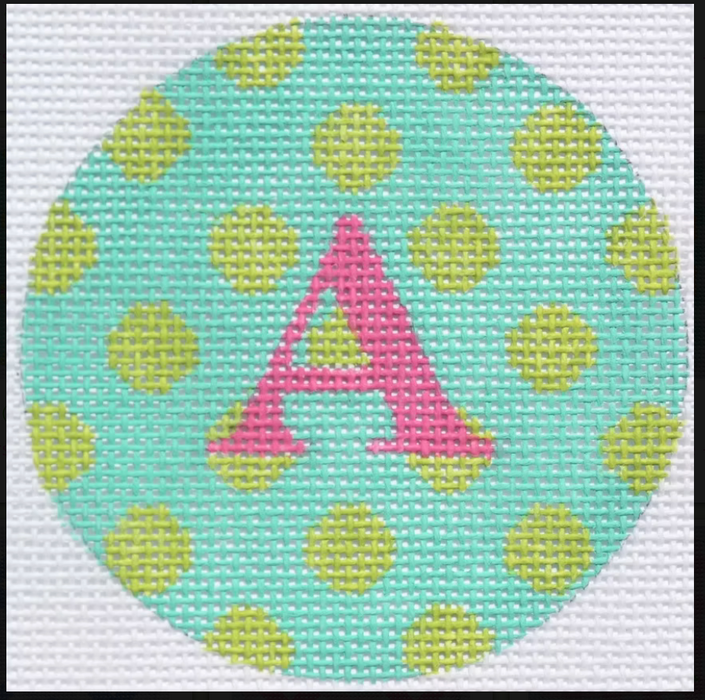 Bright Disk Letter – Turquoise w/ Lime Polka Dots, Fuchsia Letter