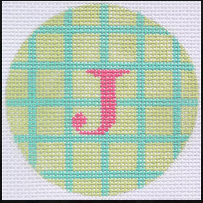 Bright Disk Letter – Celadon & Turquoise Grid, Bright Pink Letter