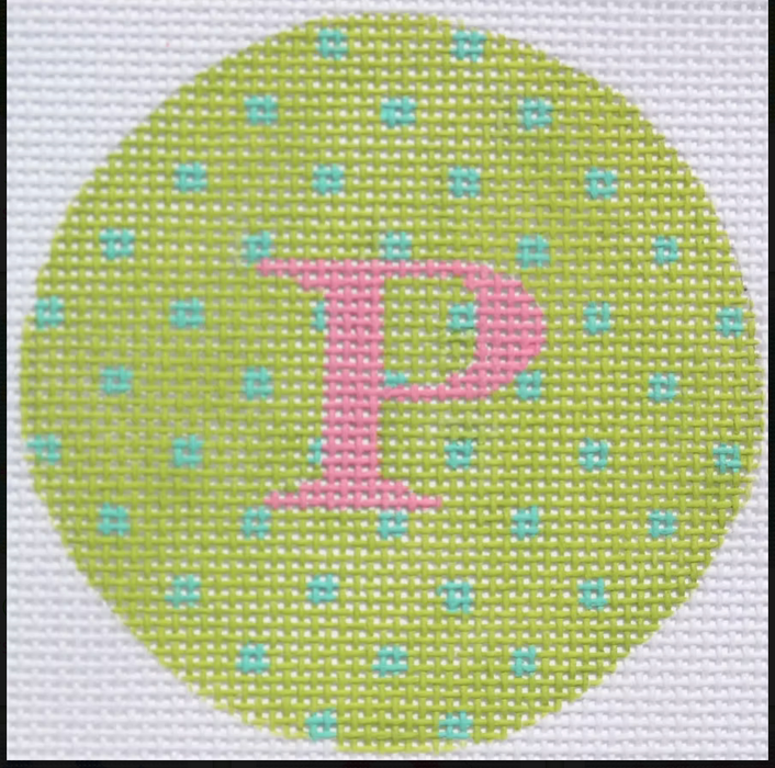 Bright Disk Letter – Lime w/ Turquoise Small Dots, Med. Pink Letter
