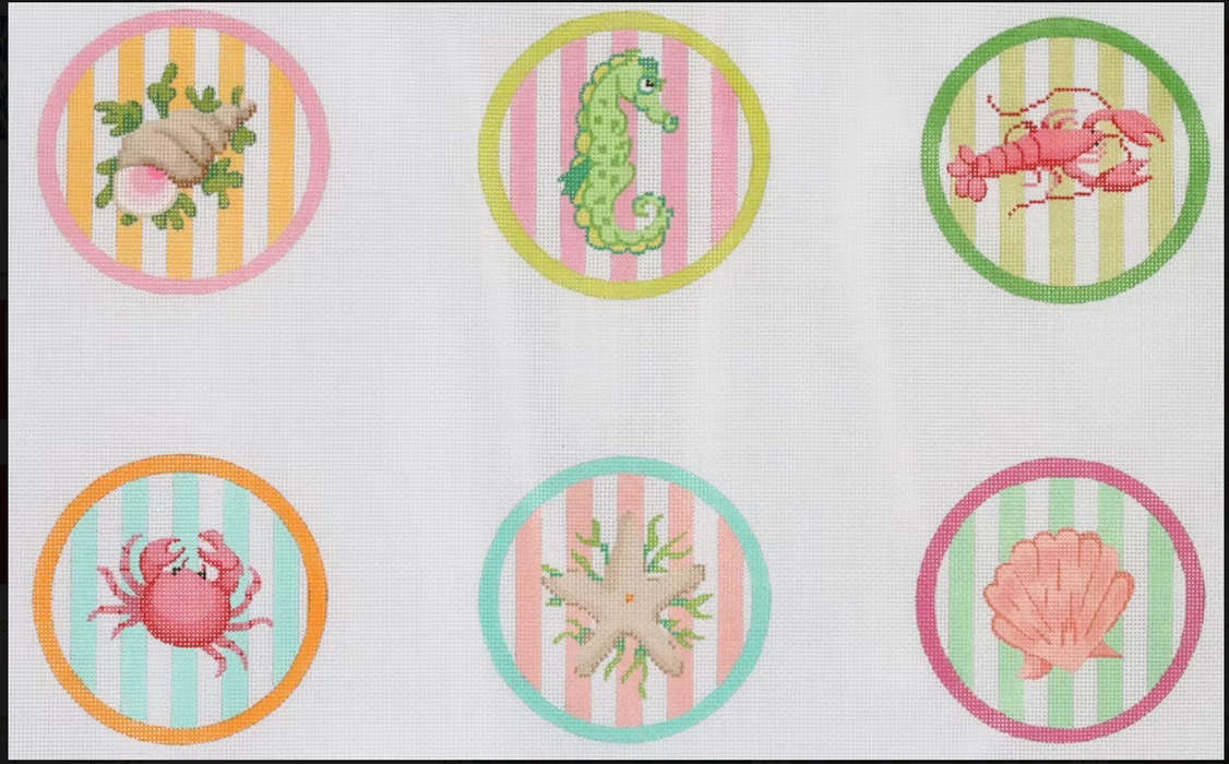 Set of 6 Coasters – Bright Sea Creatures on Cabana Stripes