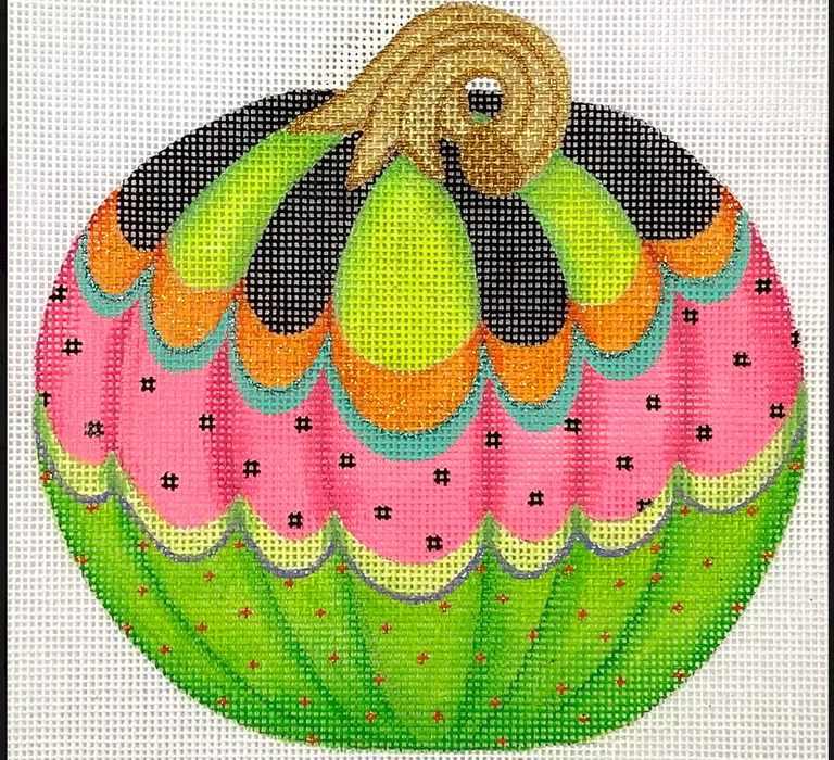 Funky Punkin Stand-up #7 – black/lime striped top, orange/turquoise/watermelon/lime middle, green bottom