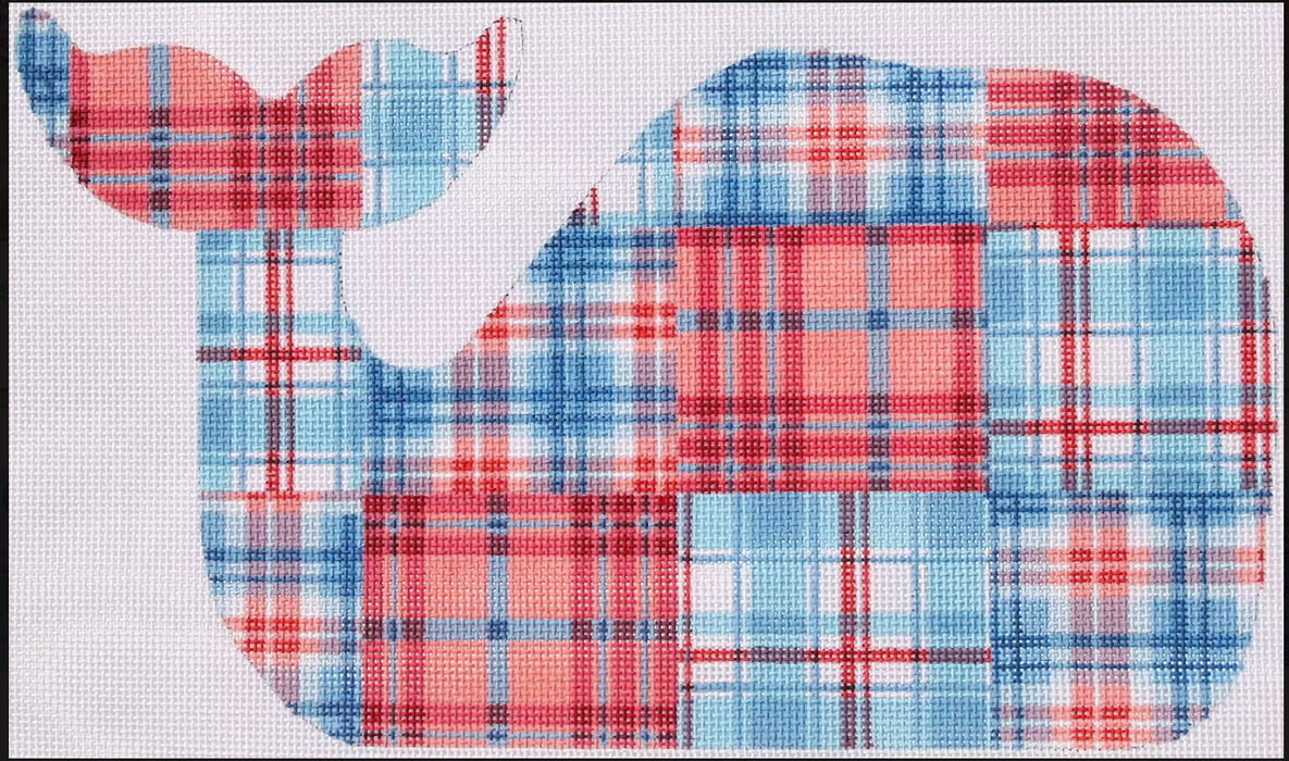 Med. Whale – Madras Patchwork – red, white & blue pattern 1 – (facing right)
