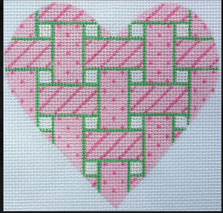 Mini Heart – Woven Ribbons – pink w/ green edging (January) (stitch guide in notebook)