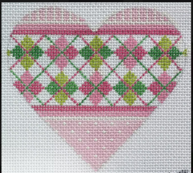 Mini Heart – Argyle – pinks & greens (April) (stitch guide in notebook)