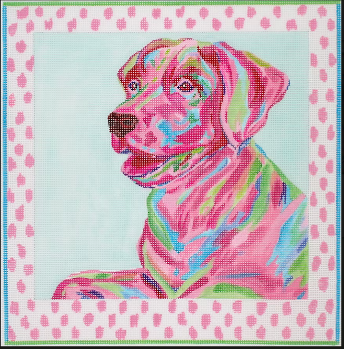 Megan Carn Laborador – pinks, blues & greens on soft turquoise w/ pink spotted border