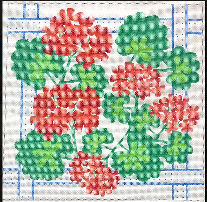 Geraniums Square w/ Ribbons – reds & greens w/ blues