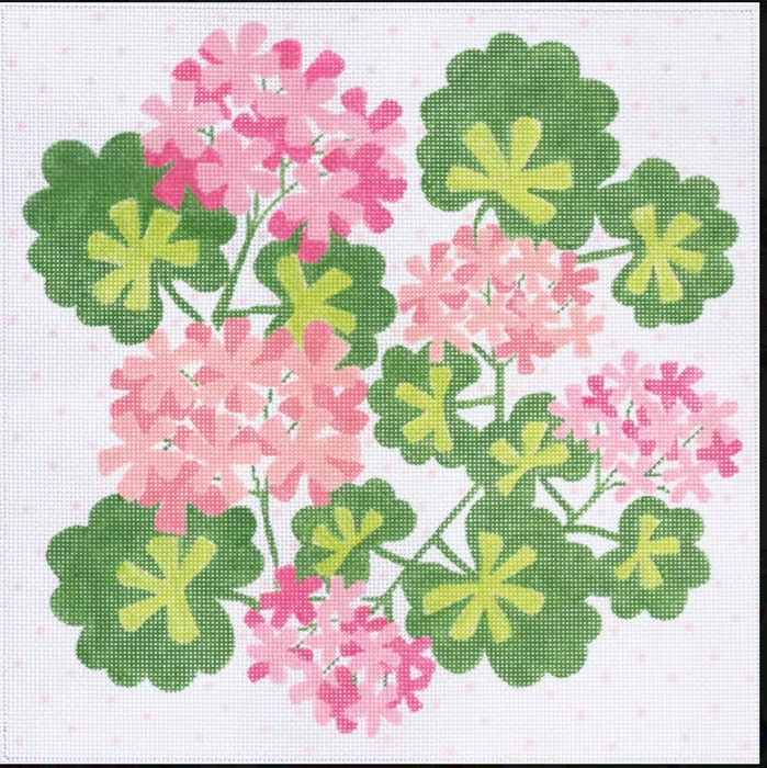 Geraniums Square w/ Dots – pinks, salmons & greens