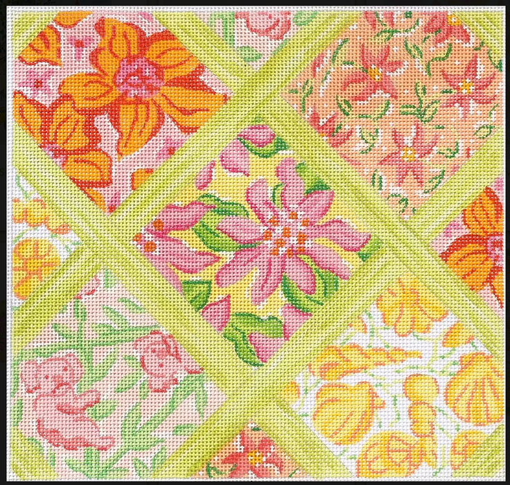 Med. Sq.– Lilly-inspired Lattice Patchwork – yellows, pinks, corals & greens
