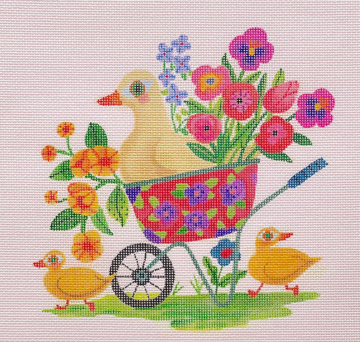 Shannon Snow – Spring Wheelbarrow w/ Ducks & Flowers – on cream