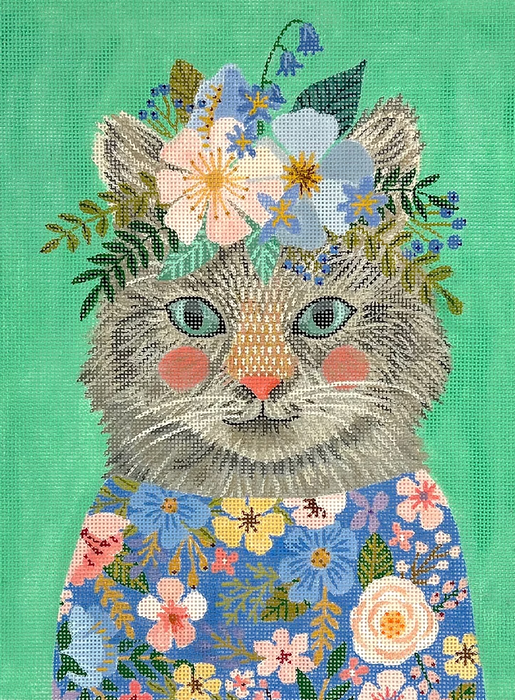 Mia Charro – Kitty in Blue & Coral Flowered Dress – on jade green