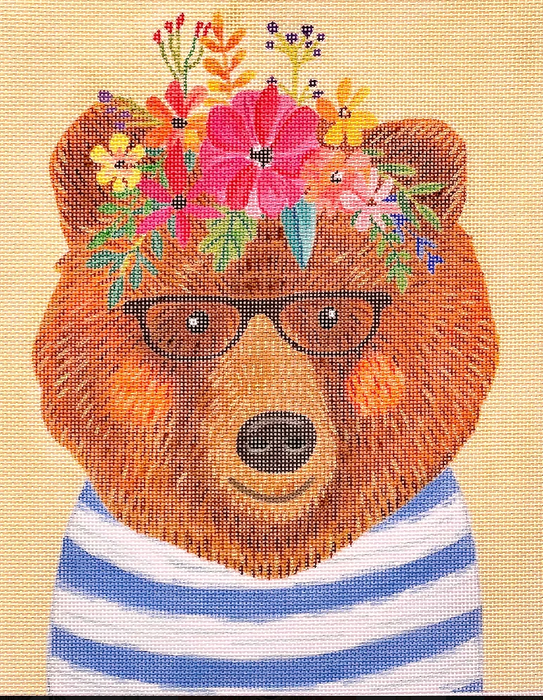 Mia Charro – Bear in Striped Shirt w/ Glasses – on creamy yellow