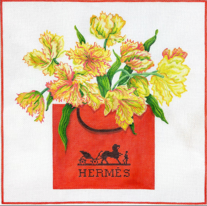 Designer Scarf Series – Parrot Tulips in an Hermès Shopping Bag