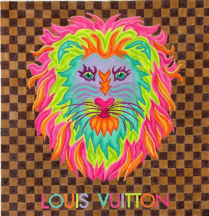 Designer Scarf Series – LV-Inspired – Colorful Lion on Brown Checkerboard