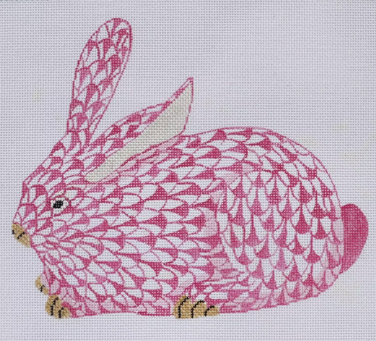 Herend-inspired Crouching Fishnet Bunny – pink w/ gold (facing left)
