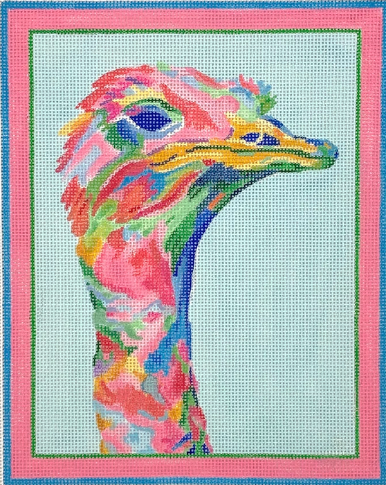 Megan Carn – Ostrich – pinks, greens, blues & golden yellows
