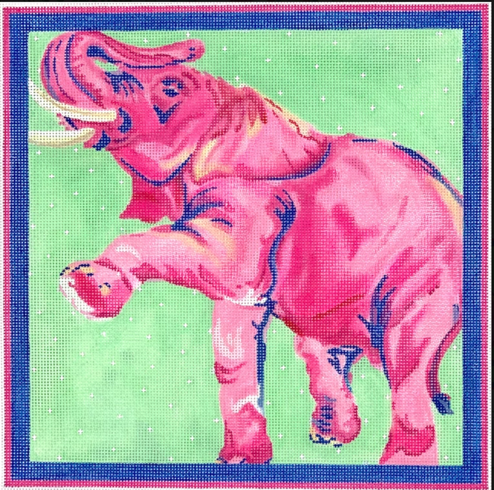 Megan Carn – Fuchsia Prancing Elephant in Light Green - pinks, blues & greens