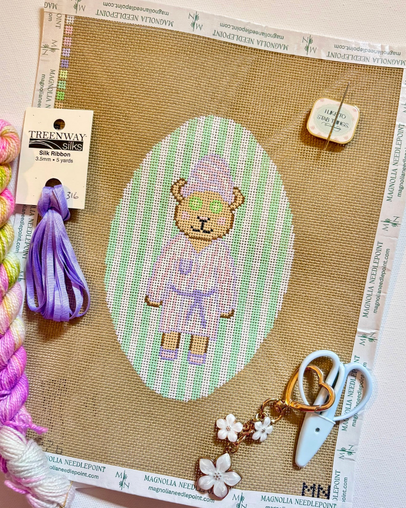 Spa Bear Purple Robe On Green Stripes