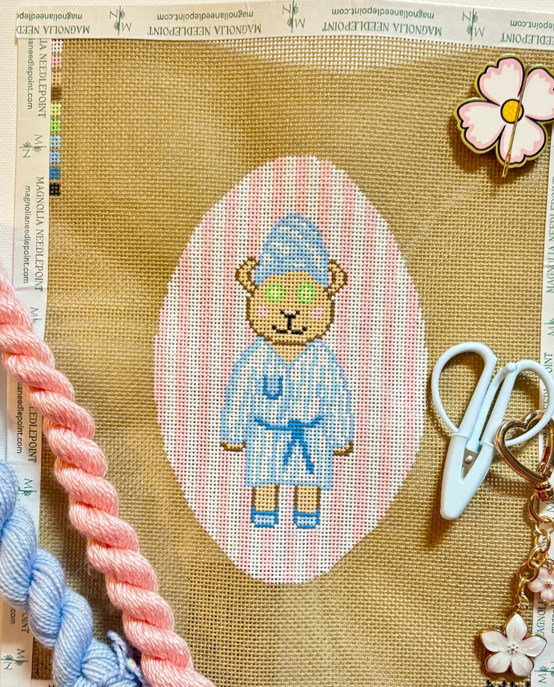 Spa Bear Blue Robe On Pink Stripes