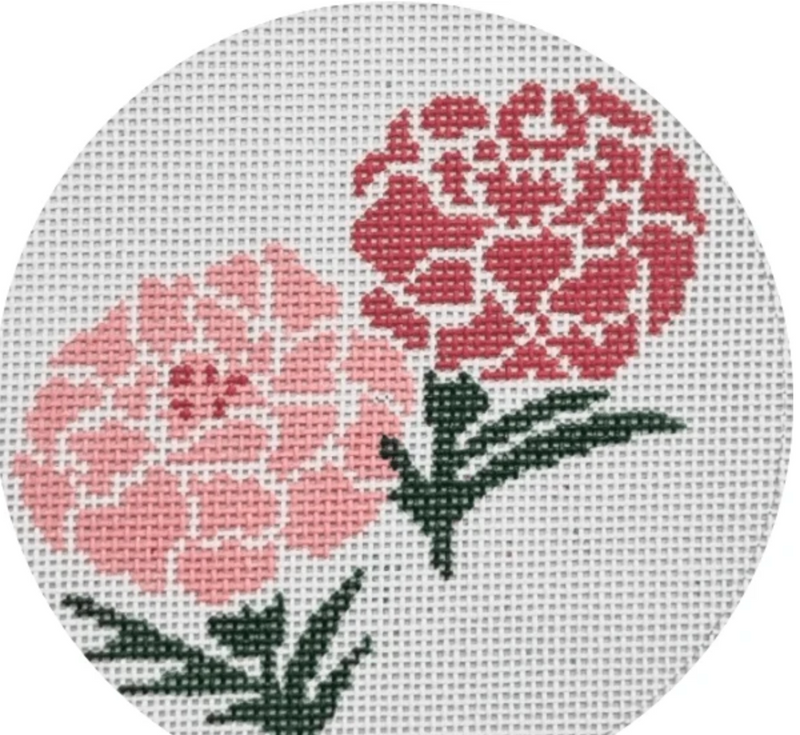 Red and Pink Carnations with vintage feed sack fabric backing